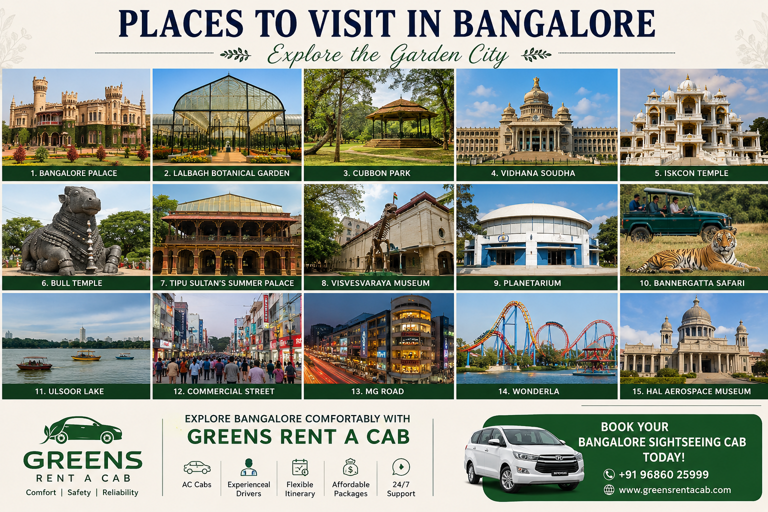 Places to Visit in Bangalore | Bangalore Sightseeing by Cab | Greens Rent A Cab