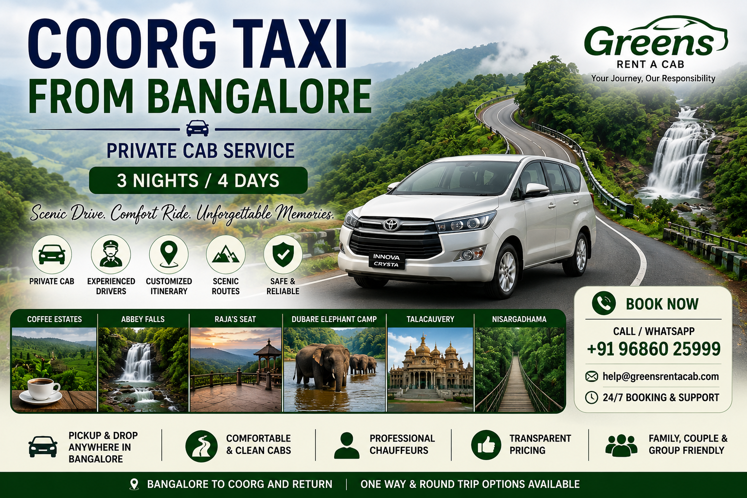 Coorg Taxi from Bangalore – 3 Nights / 4 Days | Greens Rent a Cab